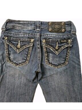 Miss Me Womens Dk Wash Bootcut Jeans 25"Wx31"L Embellished Leather Patch Y2K